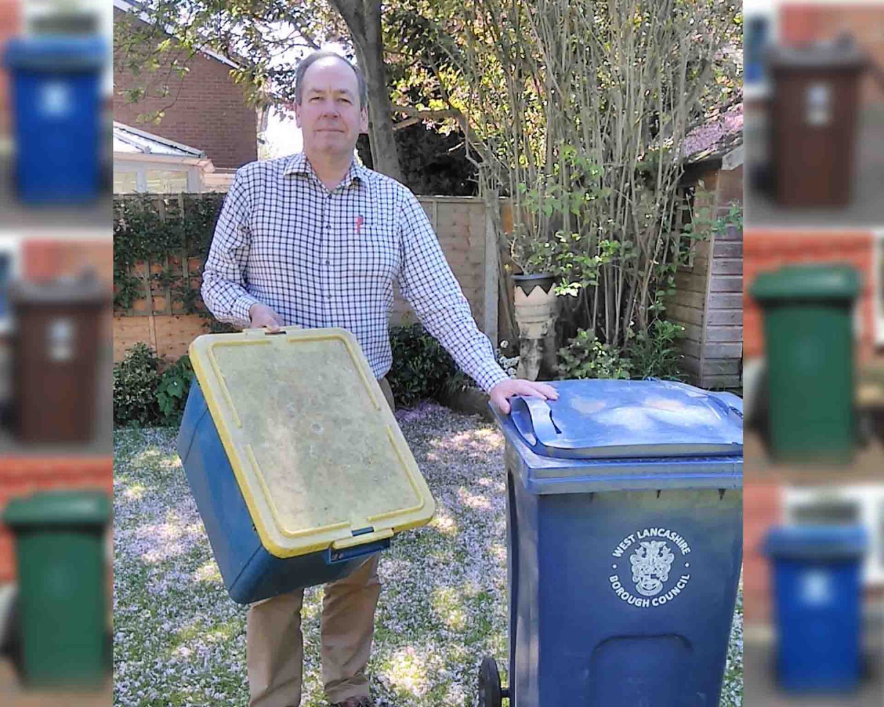 Cllr Owens with blue box and bin