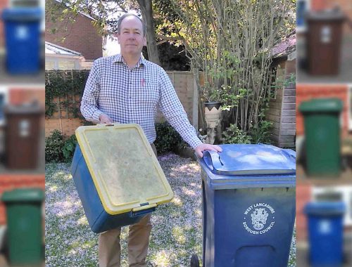 Cllr Owens with blue box and bin